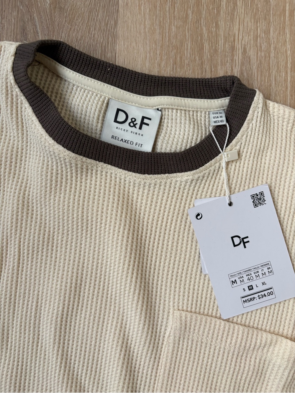 Relaxed Fit Cream Crewneck Sweater with Brown Trim